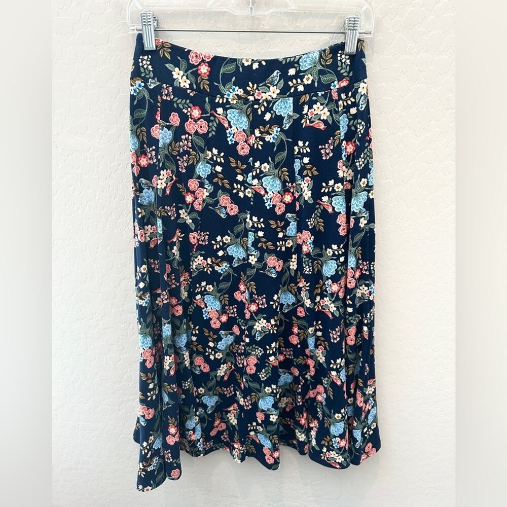JODY CALIFORNIA Navy Blue Floral A-Line Skirt Soft Knit Stretch Made in USA | XS - Picture 4 of 6